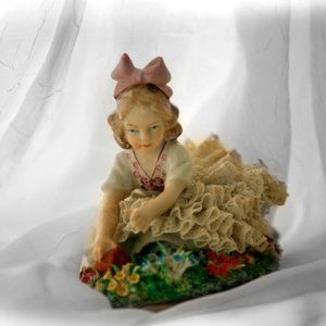 Antique 1910 Sitzendorf Figurine Porcelain German Fine Art w Dripped Lace
